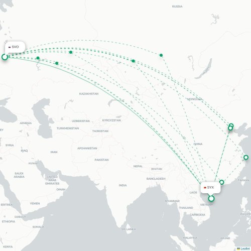 Mapa de vuelo directo Moscú - Sanya