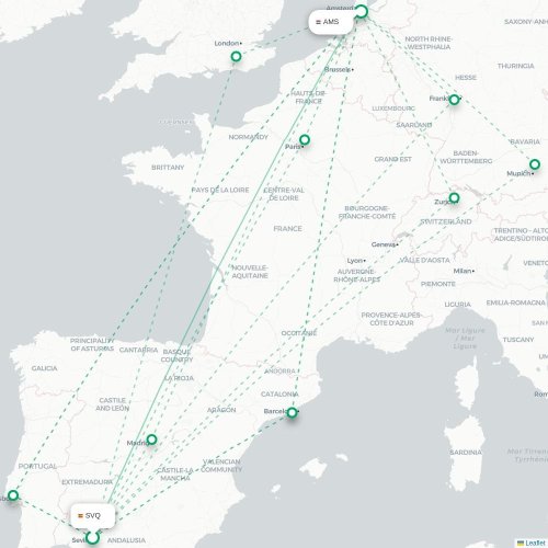 Seville - Amsterdam kaart van rechtstreekse vlucht