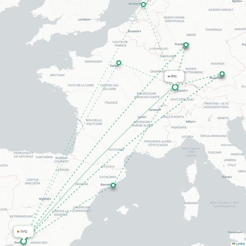 Mapa de vuelo directo Sevilla - Basilea, Suiza