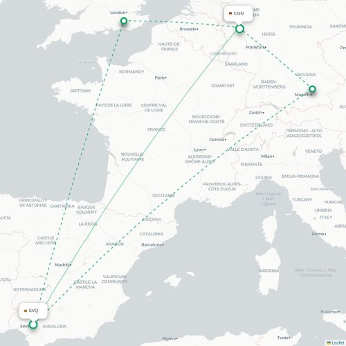 Mapa de vuelo directo Sevilla - Colonia
