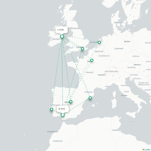 Mapa lotu bezpośredniego Sewilla – Dublin