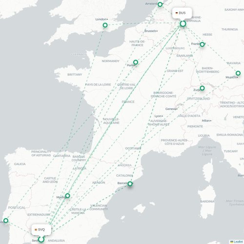 Mapa de vuelo directo Sevilla - Düsseldorf