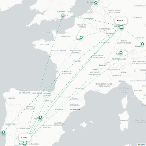 Mapa de vuelo directo Sevilla - Fráncfort