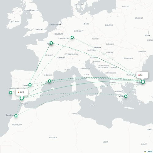 Mapa de vuelo directo Sevilla - Estambul