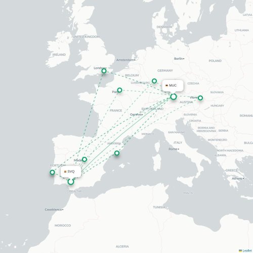 Mapa de vuelo directo Sevilla - Múnich