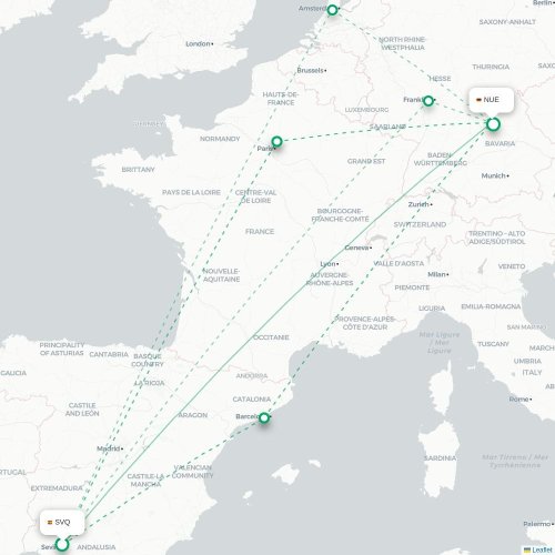 Mapa de vuelo directo Sevilla - Nuremberg
