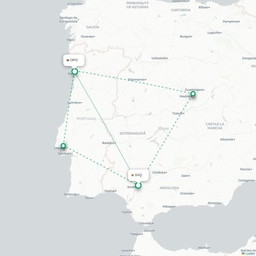 Mapa de vuelo directo Sevilla - Oporto