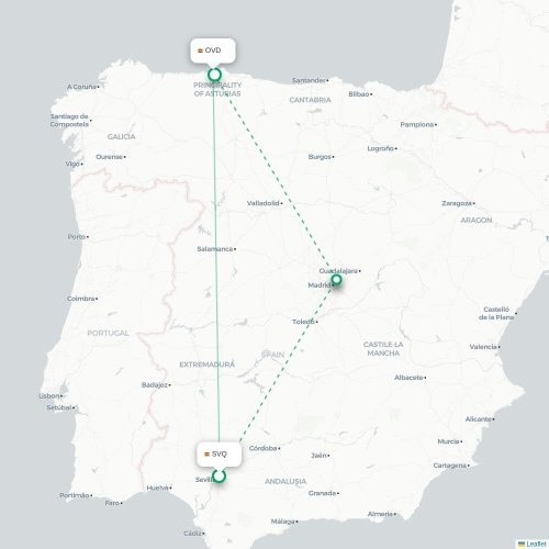 Mapa de vuelo directo Sevilla - Oviedo