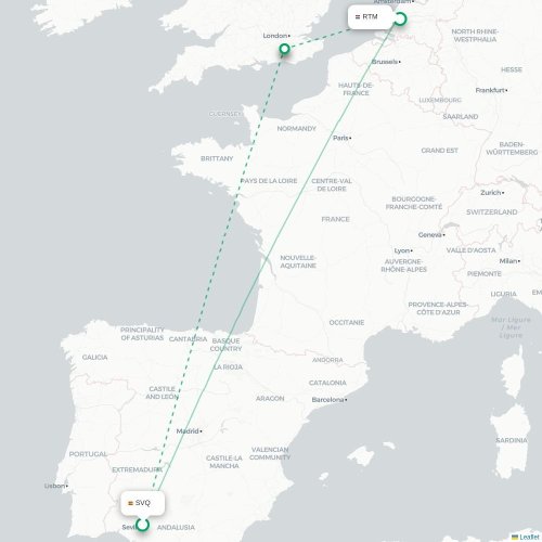 Mapa de vuelo directo Sevilla - Rotterdam