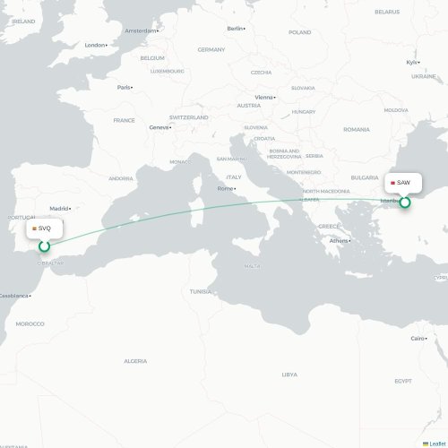 Mapa de vuelo directo Sevilla - Estambul