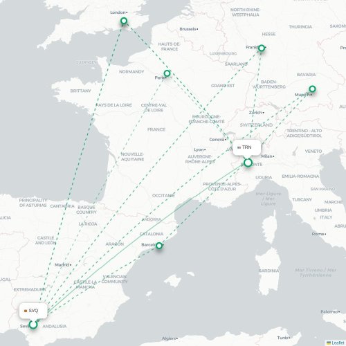 Mapa de vuelo directo Sevilla - Turín, Torino