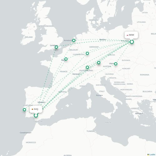 Mapa lotu bezpośredniego Sewilla – Warszawa