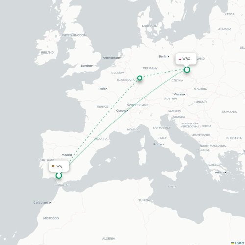 Mapa lotu bezpośredniego Sewilla – Wrocław