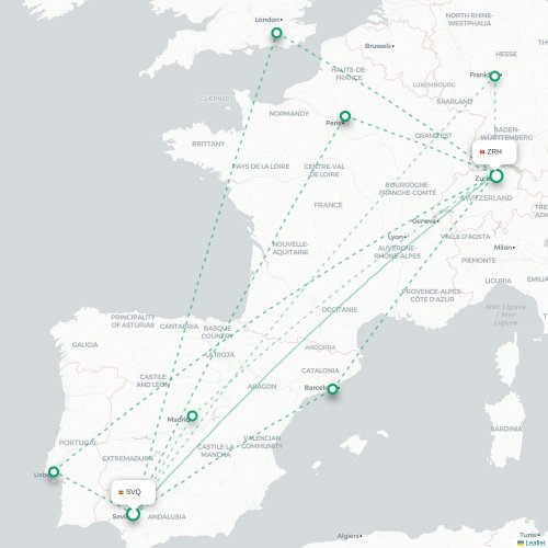 Mapa de vuelo directo Sevilla - Zúrich
