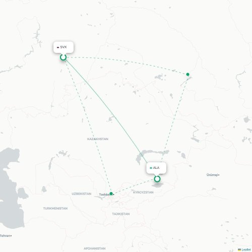 Mapa de vuelo directo Ekaterinburgo - Almatý
