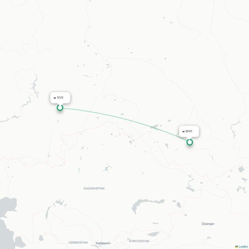 Mapa de vuelo directo Ekaterinburgo - Barnaúl