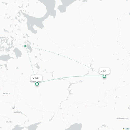 Mapa lotu bezpośredniego Jekaterynburg – Moskwa