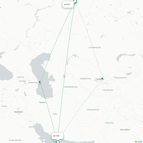 Mapa lotu bezpośredniego Jekaterynburg – Dubaj