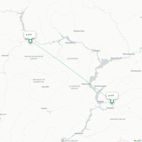 Mapa de vuelo directo Ekaterinburgo - Nizhny Novgorod