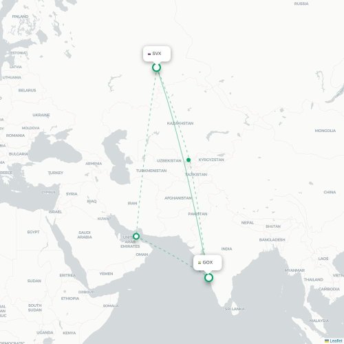 Mapa de vuelo directo Ekaterinburgo - Pernem