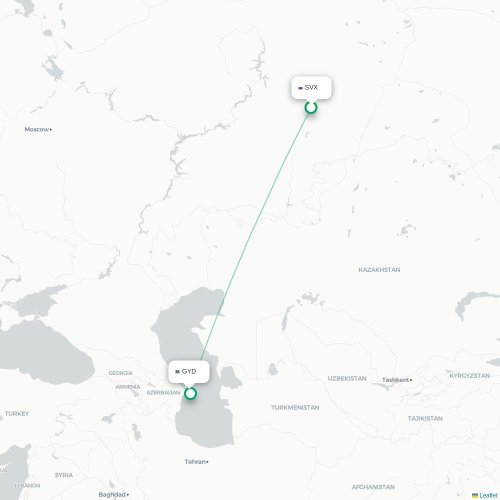 Mapa de vuelo directo Ekaterinburgo - Bakú