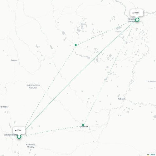 Mapa de vuelo directo Ekaterinburgo - Janty-Mansisk