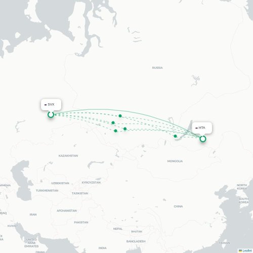 Mapa de vuelo directo Ekaterinburgo - Chitá