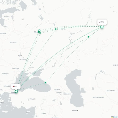 Mapa lotu bezpośredniego Jekaterynburg – Stambuł