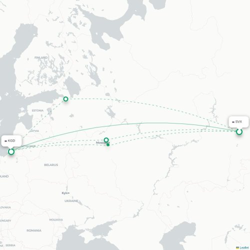 Mapa de vuelo directo Ekaterinburgo - Kaliningrado
