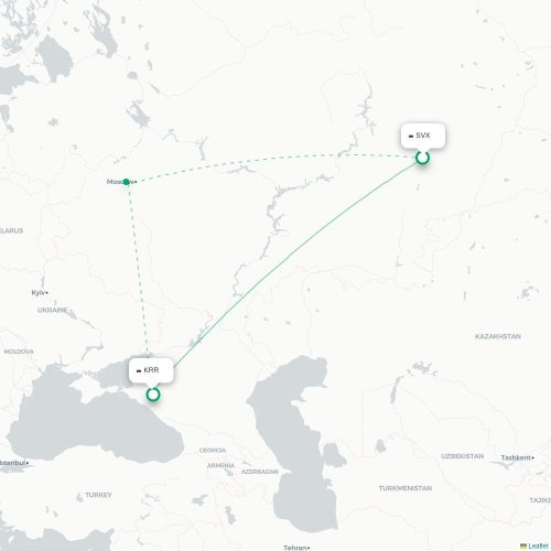 Mapa lotu bezpośredniego Jekaterynburg – Krasnodar