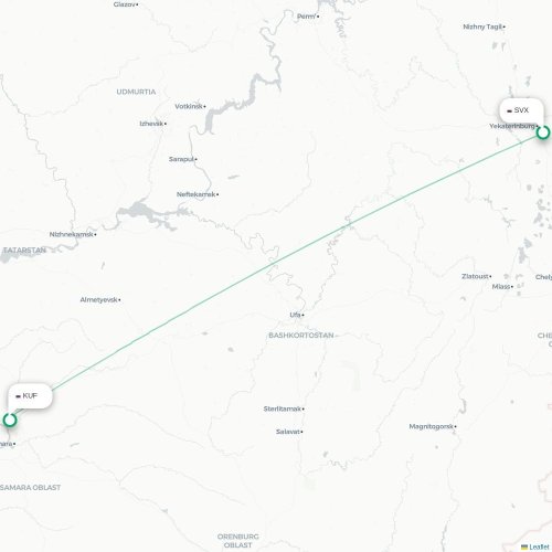 Mapa de vuelo directo Ekaterinburgo - Samara