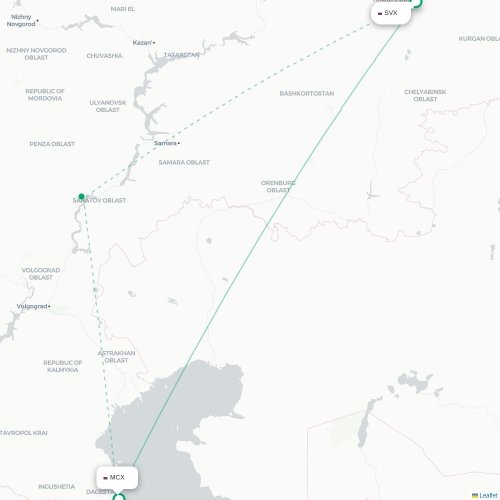 Mapa de vuelo directo Ekaterinburgo - Makhachkala