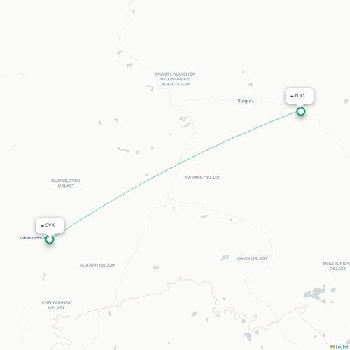 Mapa de vuelo directo Ekaterinburgo - Nizhnevártovsk