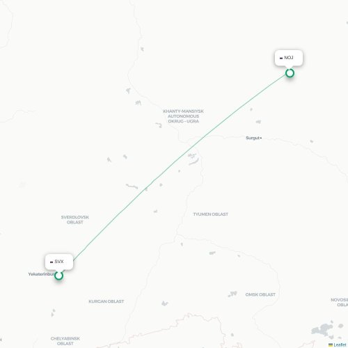 Mapa de vuelo directo Ekaterinburgo - Nojabr'sk