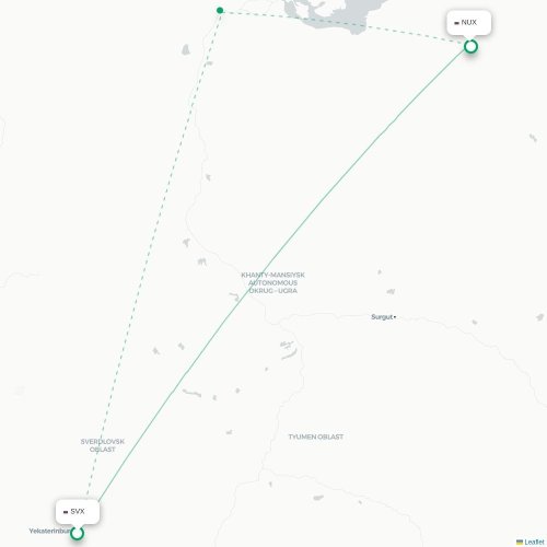 Mapa lotu bezpośredniego Jekaterynburg – Novy Urengoy