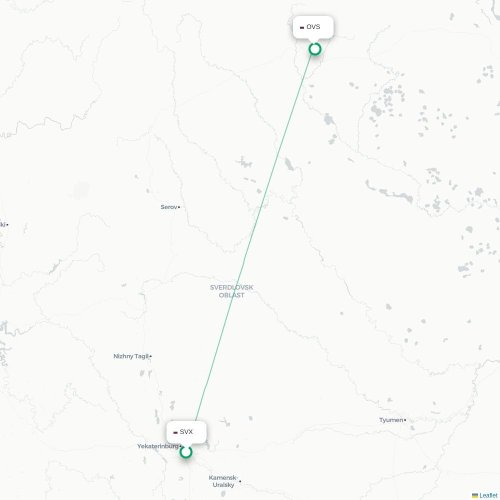 Mapa lotu bezpośredniego Jekaterynburg – Sovetsky