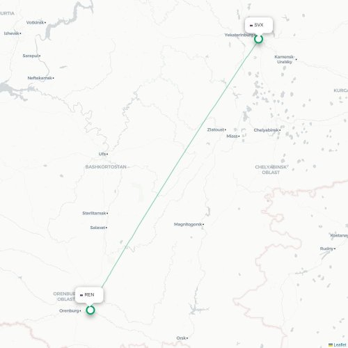 Mapa de vuelo directo Ekaterinburgo - Oremburgo