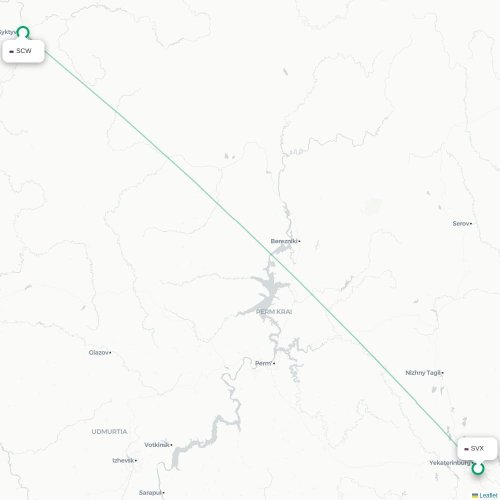 Mapa de vuelo directo Ekaterinburgo - Syktyvkar