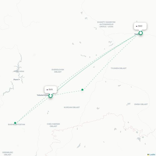Mapa de vuelo directo Ekaterinburgo - Surgut
