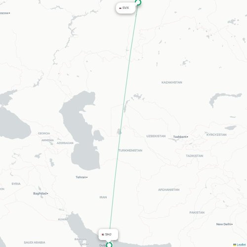 Mapa lotu bezpośredniego Jekaterynburg – Szardża