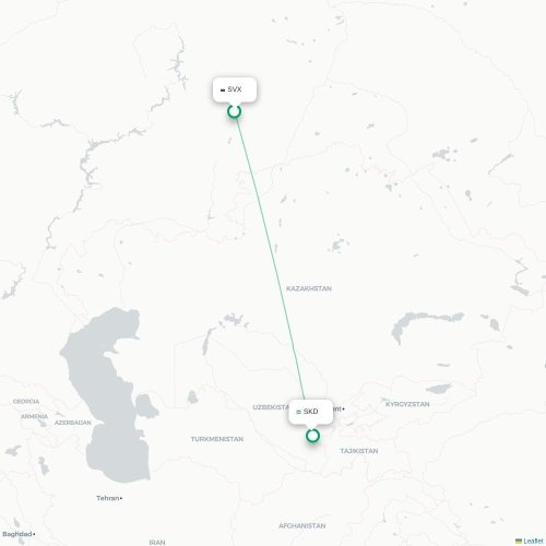 Mapa de vuelo directo Ekaterinburgo - Samarkanda