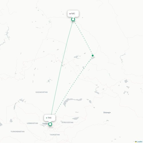 Mapa de vuelo directo Ekaterinburgo - Taskent