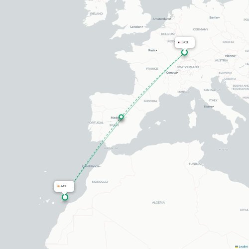 Mapa lotu bezpośredniego Strasburg – Arrecife