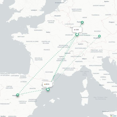 Mapa de vuelo directo Estrasburgo - Barcelona