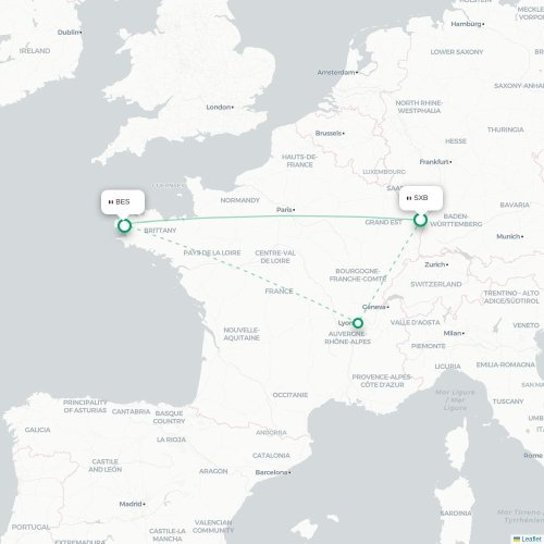 Mapa lotu bezpośredniego Strasburg – Brest