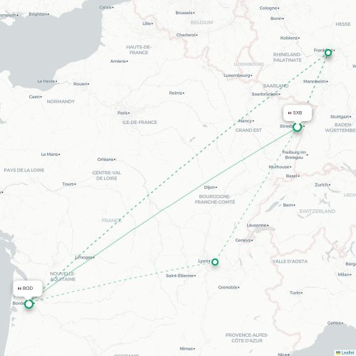 Mapa lotu bezpośredniego Strasburg – Bordeaux