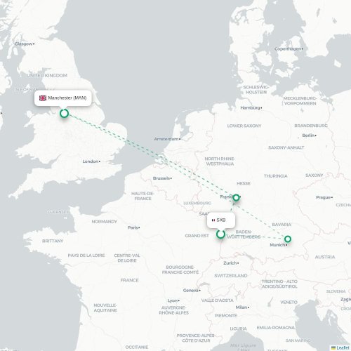 Mapa lotu bezpośredniego Strasburg – Manchester