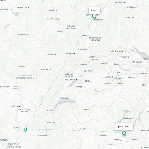 Mapa lotu bezpośredniego Strasburg – Mediolan