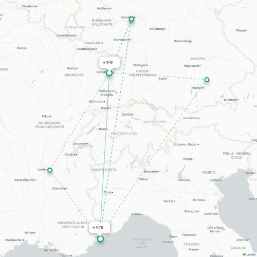 Mapa lotu bezpośredniego Strasburg – Nicea