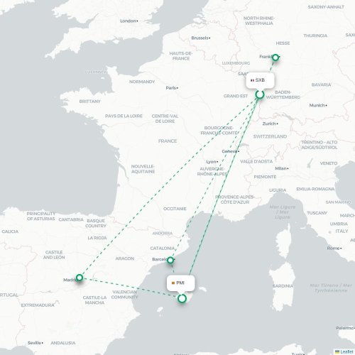 Mapa de vuelo directo Estrasburgo - Palma